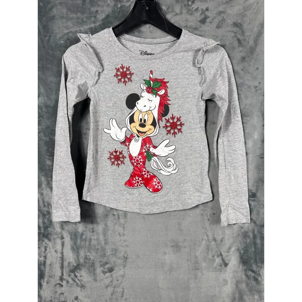 Disney Girls Minnie Mouse Holiday Long Sleeve Shirt Size 12 Gray - Picture 1 of 7